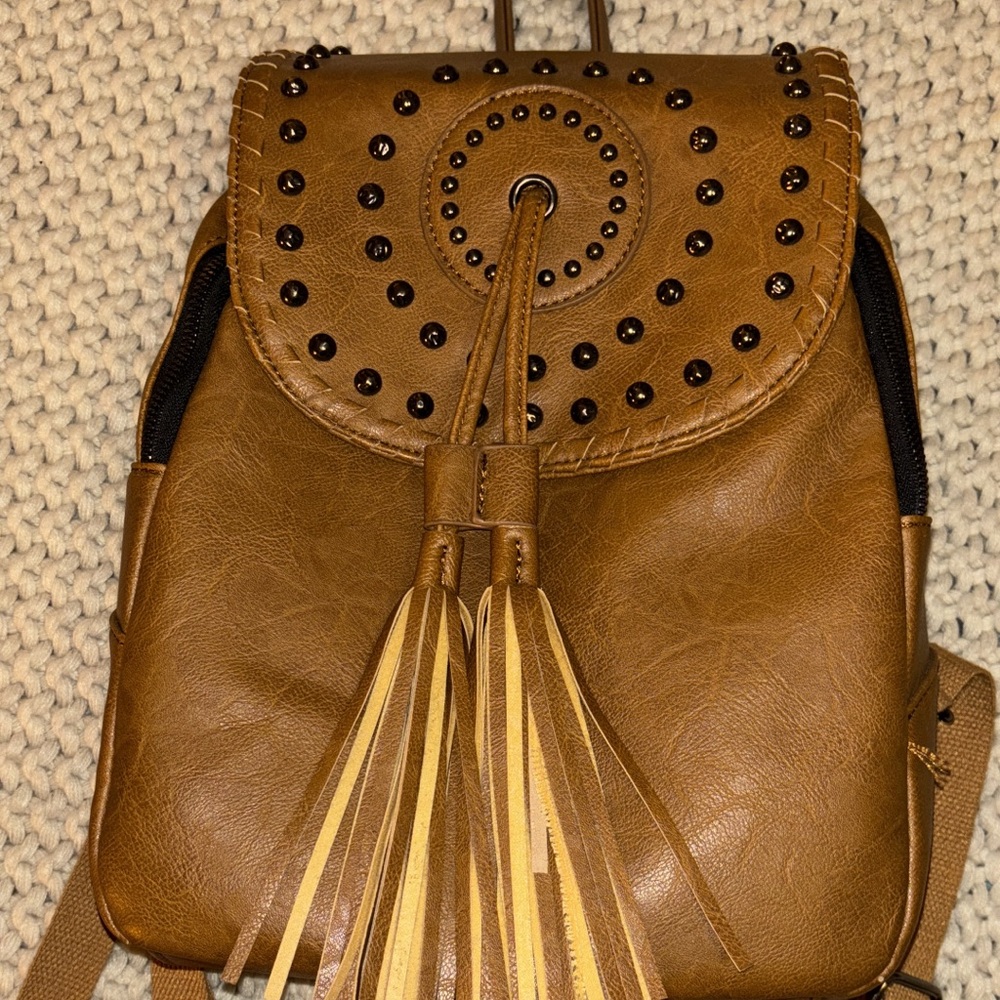 Brown Leather Backpack with Tassel Accents